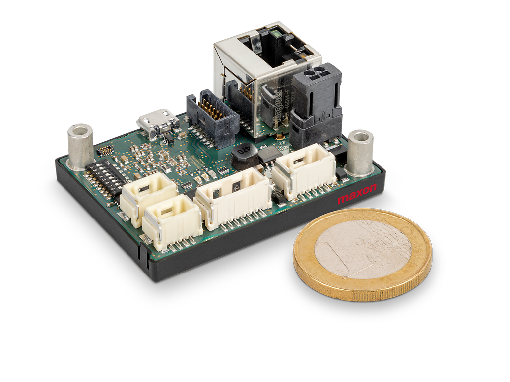 maxon's MiniMACS6 controller next to a euro coin