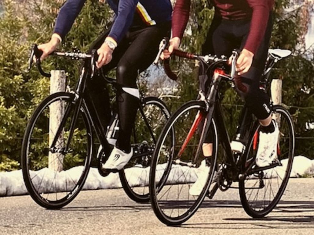 maxon - Harry Gibbings (left) testing the bike near maxon's Switzerland HQ with former pro Philip Deignan