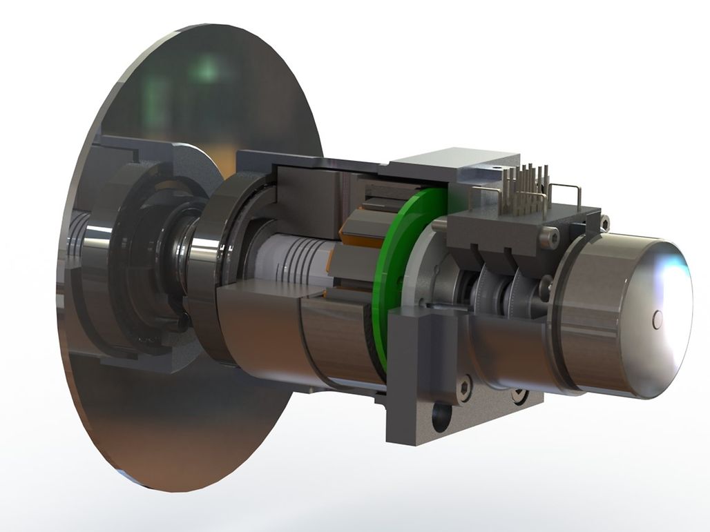 A brushless maxon EC 32mm flat motor with hall sensors rotates the mirror